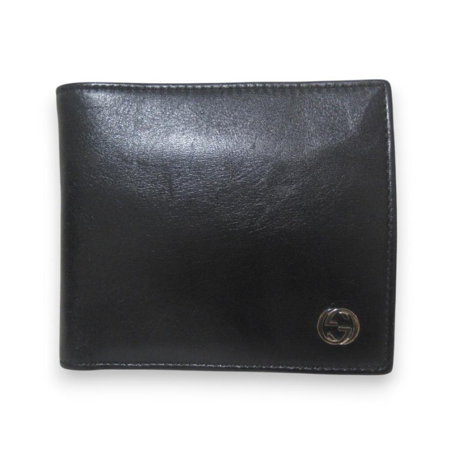 【美品】GUCCI　インターロッキング　二つ折り財布　ブラック　レザー GUCCI（グッチ） 二つ折り財布 インターロッキングG レザー ブラック