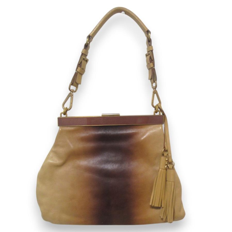 良品 PRADA プラダ レザー タッセル がま口 ワンショルダーバッグ トートバッグ ベージュ系 レディース 古着 中古 USED PRADA（プラダ） 良品 レザー タッセル がま口 ワンショルダーバッグ