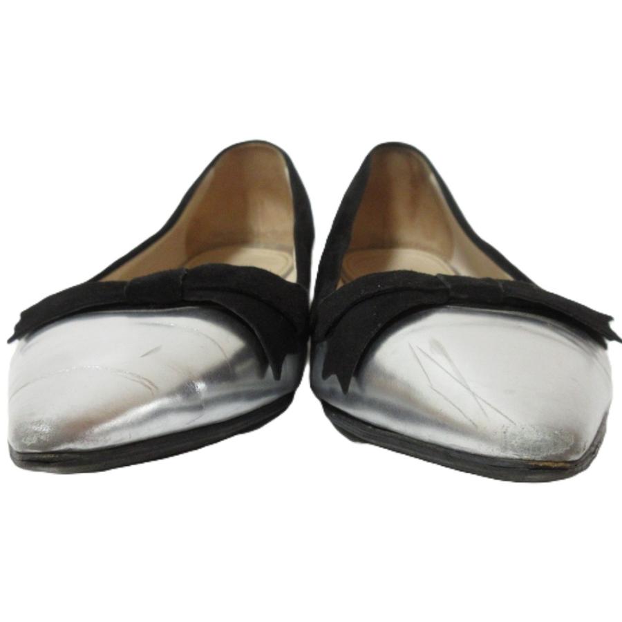 PRADA プラダ フラットシューズ リボン パンチング レザー グレー 36 PRADA（プラダ） 良品 レザー スエード リボン フラットシューズ