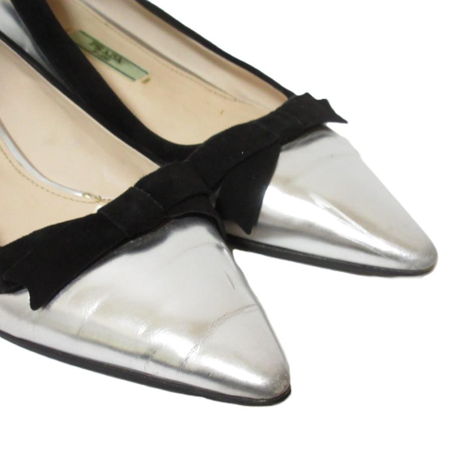 PRADA シルバー リボン付きフラットシューズ PRADA（プラダ） 良品 レザー スエード リボン フラットシューズ