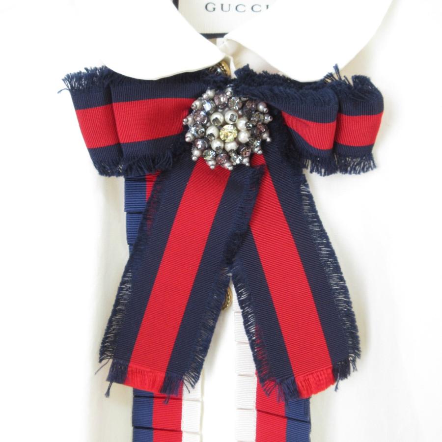 GUCCI - 良品 GUCCI グッチ ウェブボウ リボンブローチ付き コットンポプリン 丸襟 長袖シャツ フリルブラウス 451007 38 オフホワイト レディース 古着 中古 USED GUCCI 良品 グッチ ウェブボウ リボンブローチ付き コットン