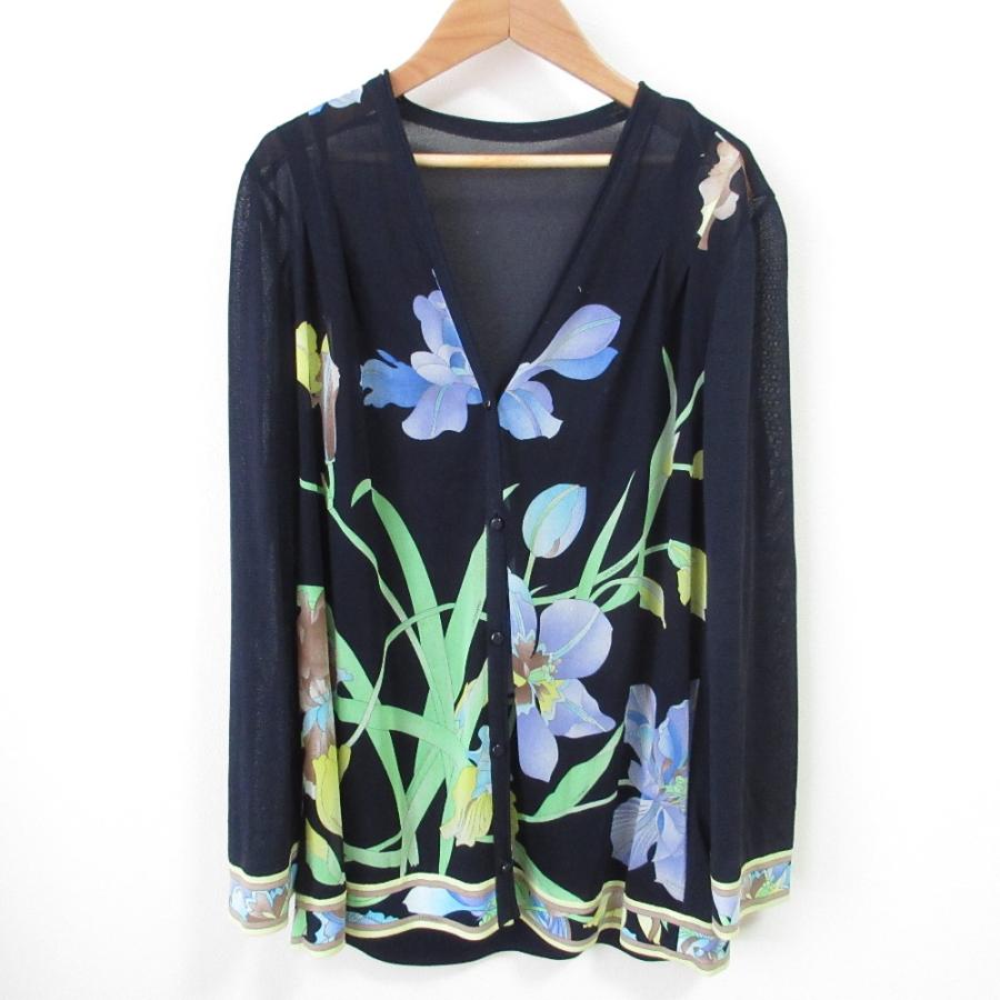 レオナール　カンカン素材　長袖　カーディガン　L LEONARD 良品 レオナール フラワープリント カンカンストレッチ