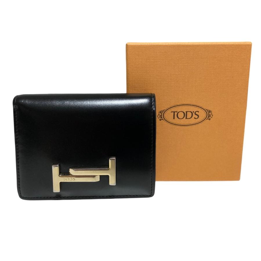 TOD'S ダブルT 二つ折り財布　本革　正規品　美品 美品 TOD'S トッズ ダブルT TT メタルプレート レザー コンパクト