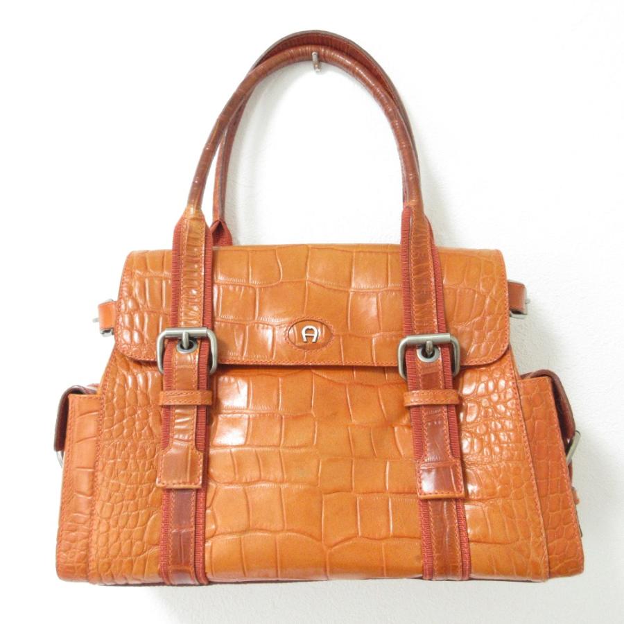極美品 アイグナー 約15万 クロコ型押し レザートートバッグ AIGNER（アイグナー） 良品 クロコ型押し レザー トートバッグ