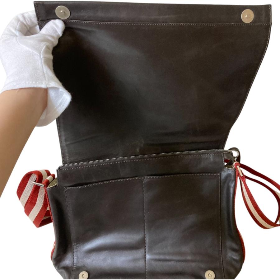 【美品】BALLY バリー 本革 レザー ショルダーバッグ ストライプ 茶 Bally（バリー） 良品 ストライプストラップ レザー ショルダーバッグ