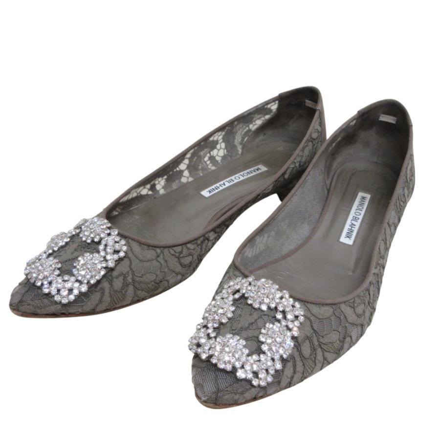 マノロブラニク ハンギシ ファブリック パンプス 38 1/2 グレー ビジュー MANOLO BLAHNIK 良品 マノロブラニク ハンギシ ビジュー レース