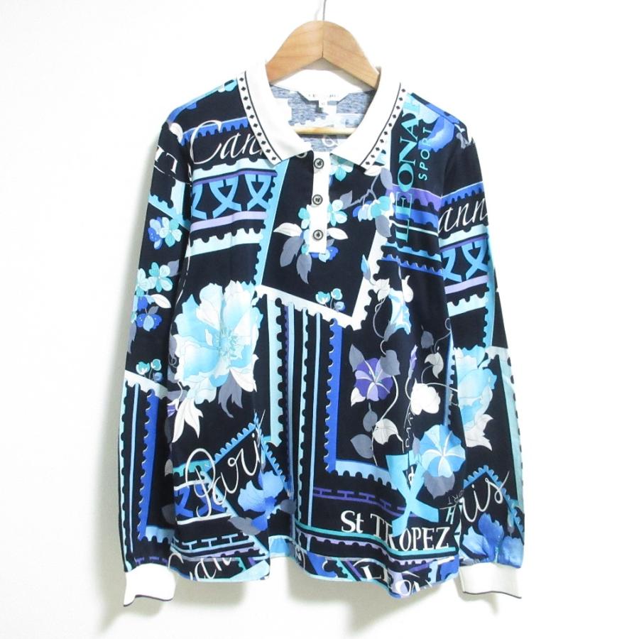 美品 LEONARD SPORT レオナールスポーツ フラワープリント ロングスリーブ ポロシャツ サイズ42 ネイビー レディース 古着 中古 USED LEONARD SPORT 美品 レオナールスポーツ フラワープリント ロング
