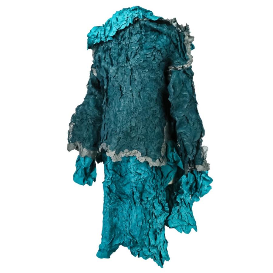 美品 ISSEY MIYAKE イッセイミヤケ シワ加工 レイヤード ワンピース IM94-FJ920 サイズM グリーン レディース 古着 中古_4