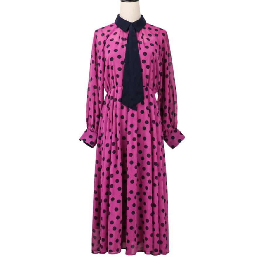 アントニーノヴァレンティ アナイ ニットワンピース ラメ 総柄 ピンク 38 ANAYI（アナイ） 美品 24AW ANAYI ポルカドットタイ 衿付き フレア