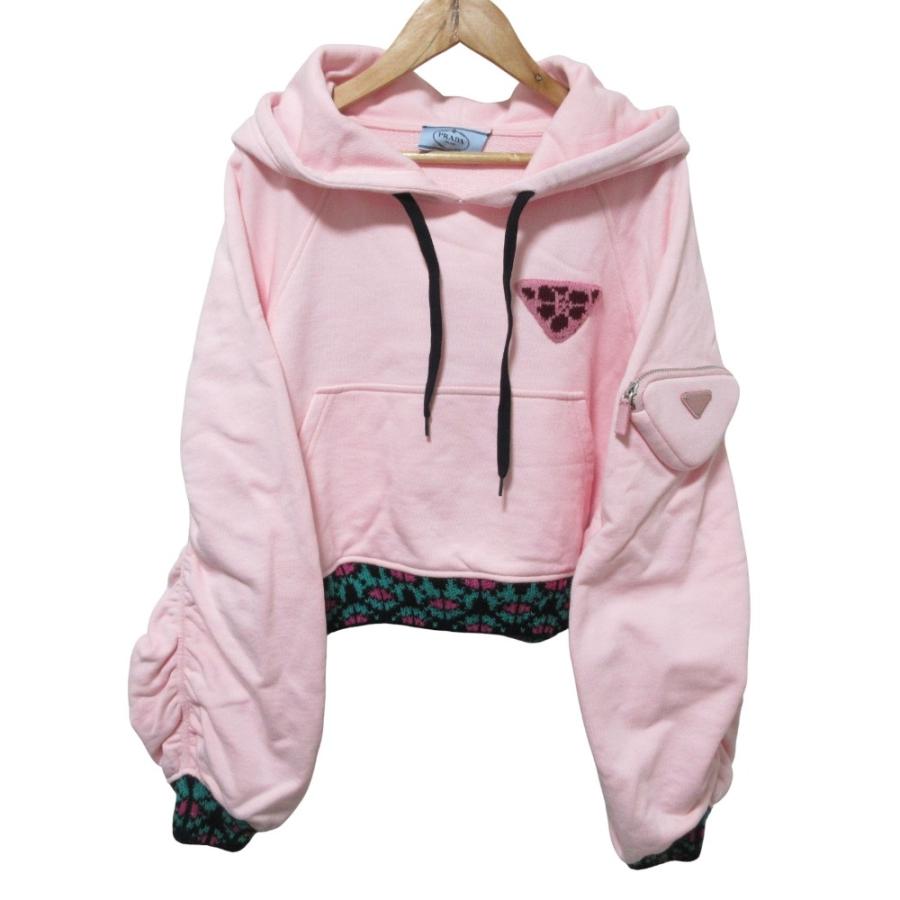 良品 PRADA プラダ トライアングルロゴ クロップド フーディ プルオーバーパーカー 134637 XS ピンク レディース 古着 中古 USED PRADA（プラダ） 良品 トライアングルロゴ クロップド フーディ プル