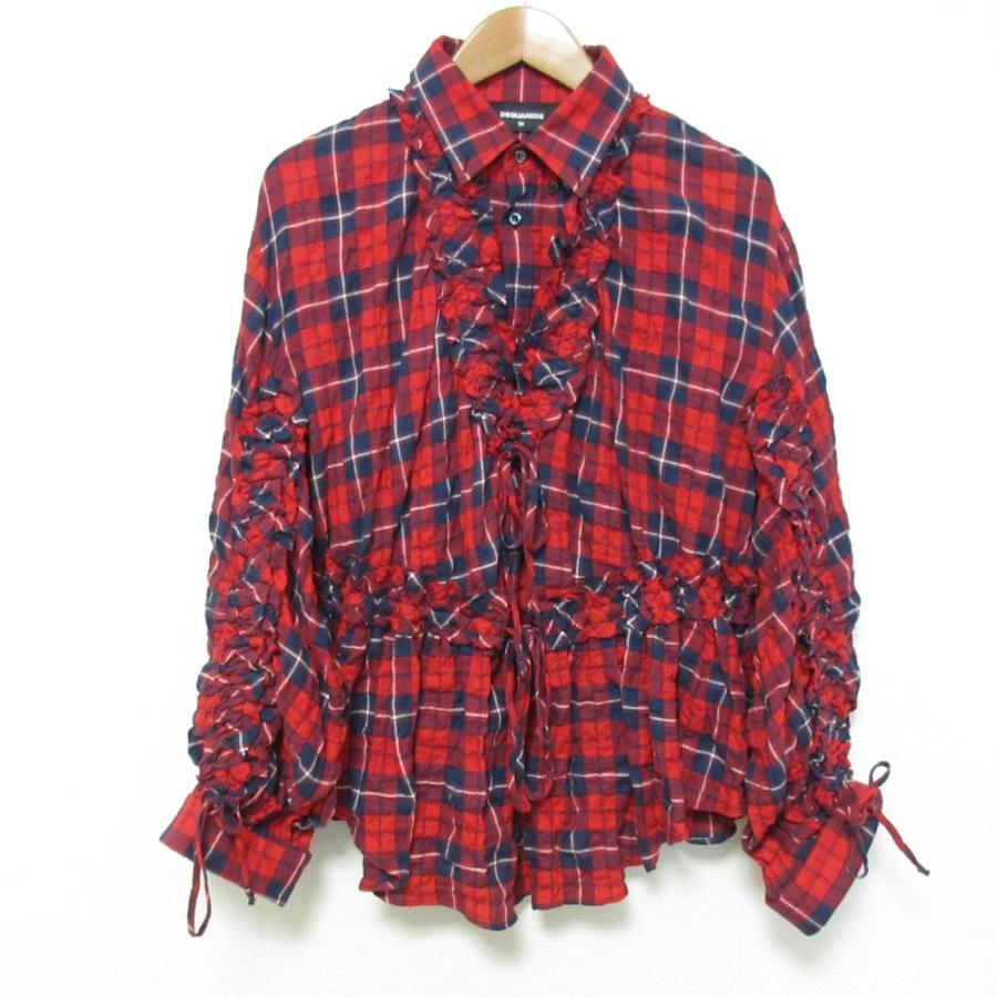 美品 DSQUARED2 ディースクエアード フリル チェック ペプラムブラウス サイズ36 レッド ブルー レディース 古着 中古 USED DSQUARED2（ディースクエアード） 美品 フリル チェック ペプラム