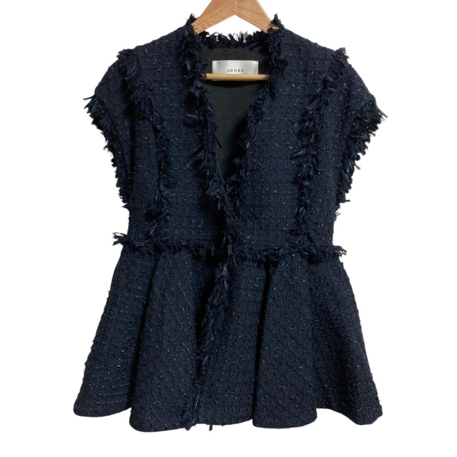美品✨ADORE ファンシーツイードベスト ジレ フリンジ　ブルー　38 ADORE（アドーア） 美品 25SS ADORE コットンチェック ツイード