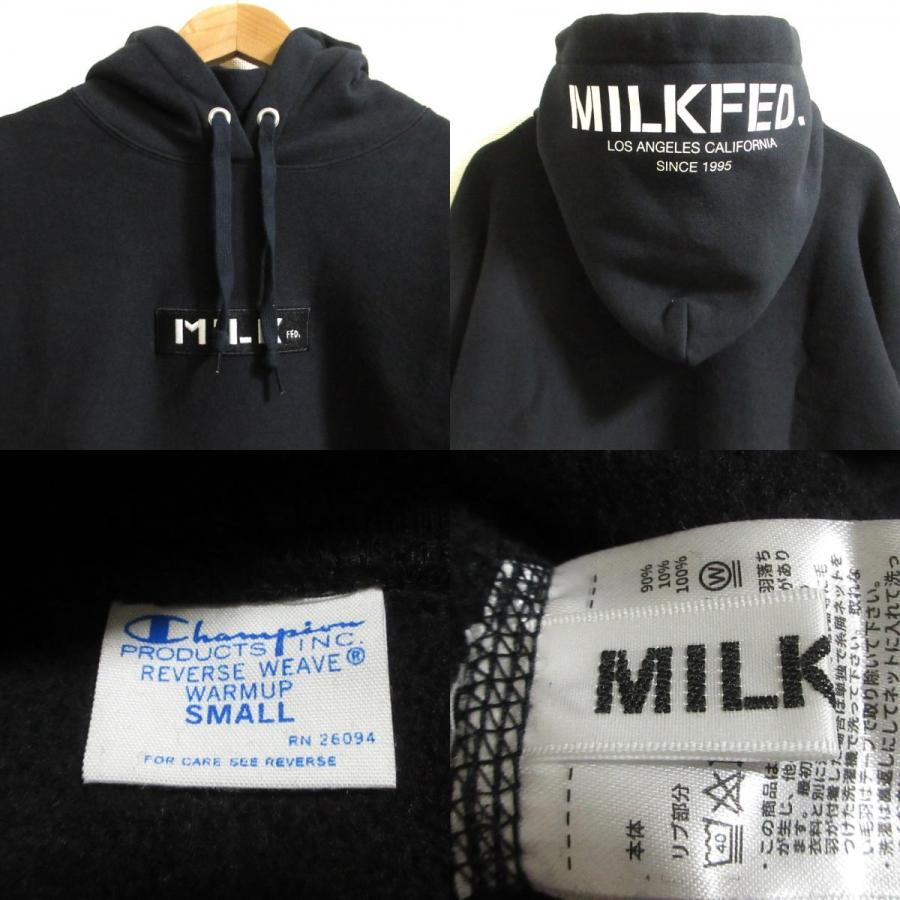 美品 MILKFED ミルクフェド チャンピオン 別注 BAR SWEAT HOODIE リバースウィーブ スウェット フーディ パーカー サイズS ブラック レディース 古着 中古 USED MILKFED.（ミルクフェド） 美品 MILKFED チャンピオン 別注 BAR SWEAT