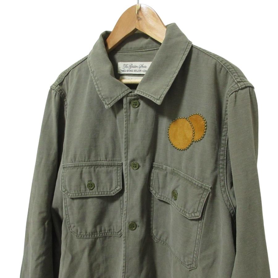 レミレリーフ　ワーク ミリタリーシャツ スタッズ パッチワーク カーキ 国産 M REMI RELIEF（レミ レリーフ） 良品 レザーパッチ スタッズ ミリタリー