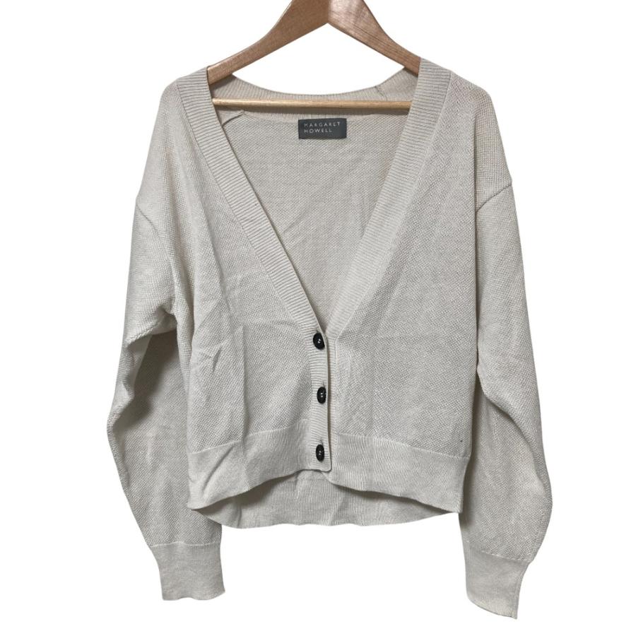 美品 24SS MARGARET HOWELL マーガレットハウエル コットンヘンプ ピケ Vネックカーディガン 578-4164030 サイズ2 オフホワイト レディース 古着 中古 USED MARGARET HOWELL（マーガレットハウエル） 美品 24SS MARGARET HOWELL