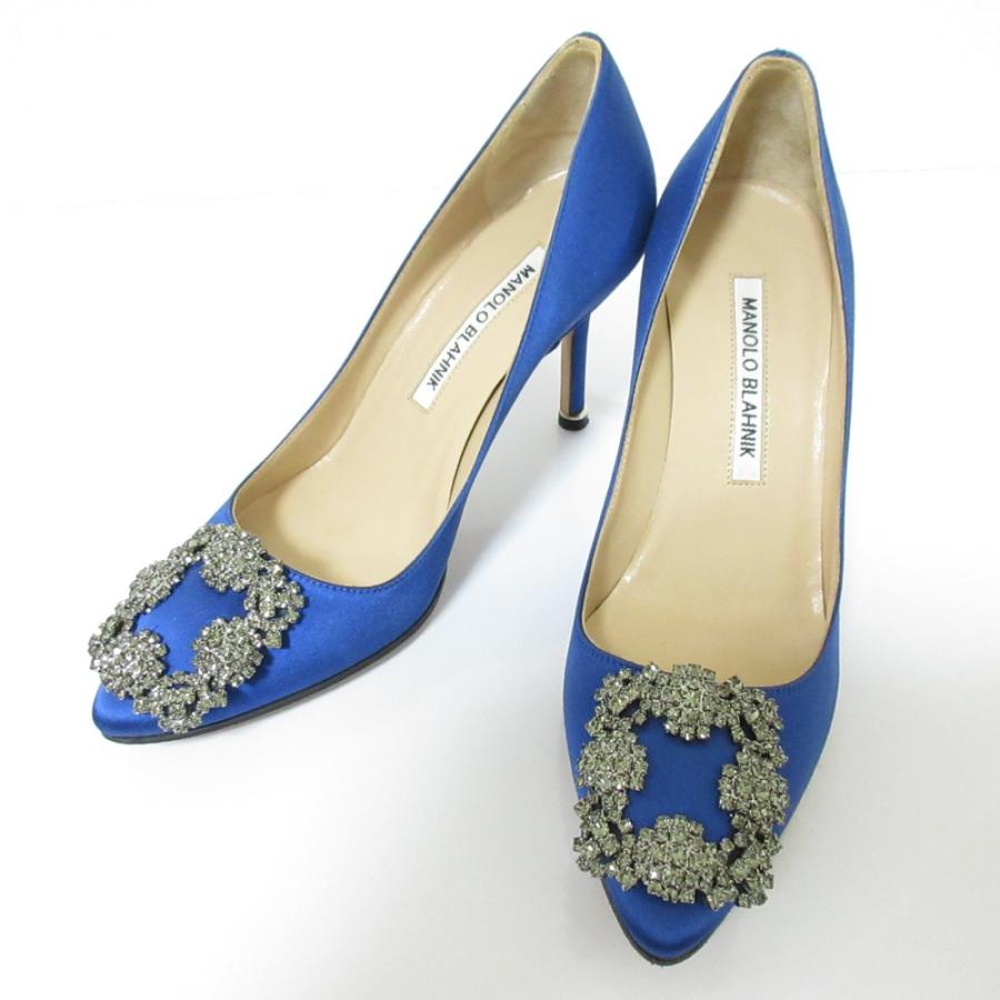 人気　マノロブラニク ハンギシ ビジュースクエアバックルパンプス ハイヒール MANOLO BLAHNIK（マノロブラニク） 美品 ハンギシ サテン スクエア