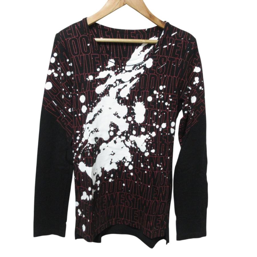 美品 Vivienne Westwood ヴィヴィアンウエストウッド ペンキ ロゴプリント 長袖 ストレッチカットソー Tシャツ M ブラック レッド レディース 古着 中古 USED Vivienne Westwood（ヴィヴィアンウエストウッド） 美品 ペンキ ロゴ