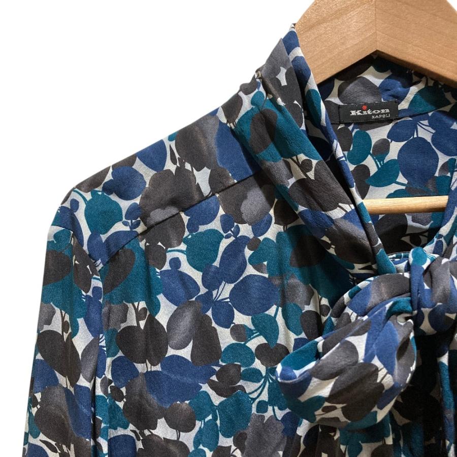 美品 Kiton キトン フラワープリント シルク リボンタイ ブラウス SIZE42 グリーン ネイビー レディース 古着 中古 USED 美品 Kiton キトン フラワープリント シルク リボンタイ ブラウス