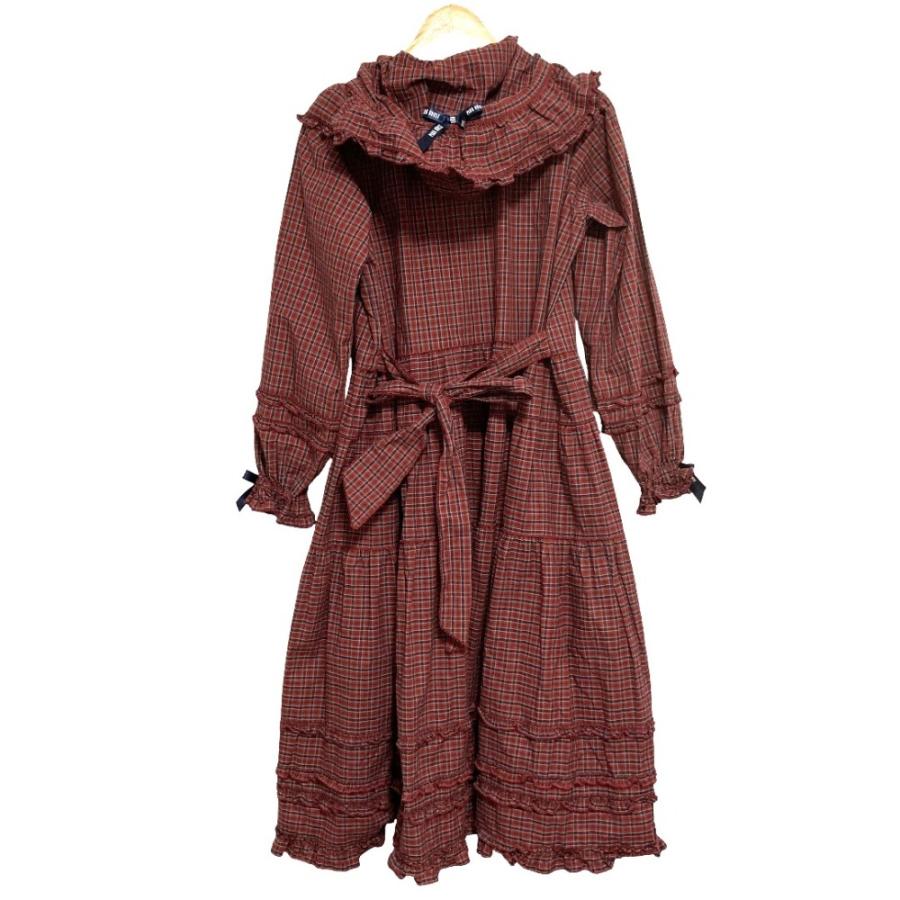 美品 PINK HOUSE ピンクハウス misako&erinko リボンブローチ付 タータンチェックフードワンピース A2113FA903 ワインレッド ネイビー レディース 古着 中古の画像