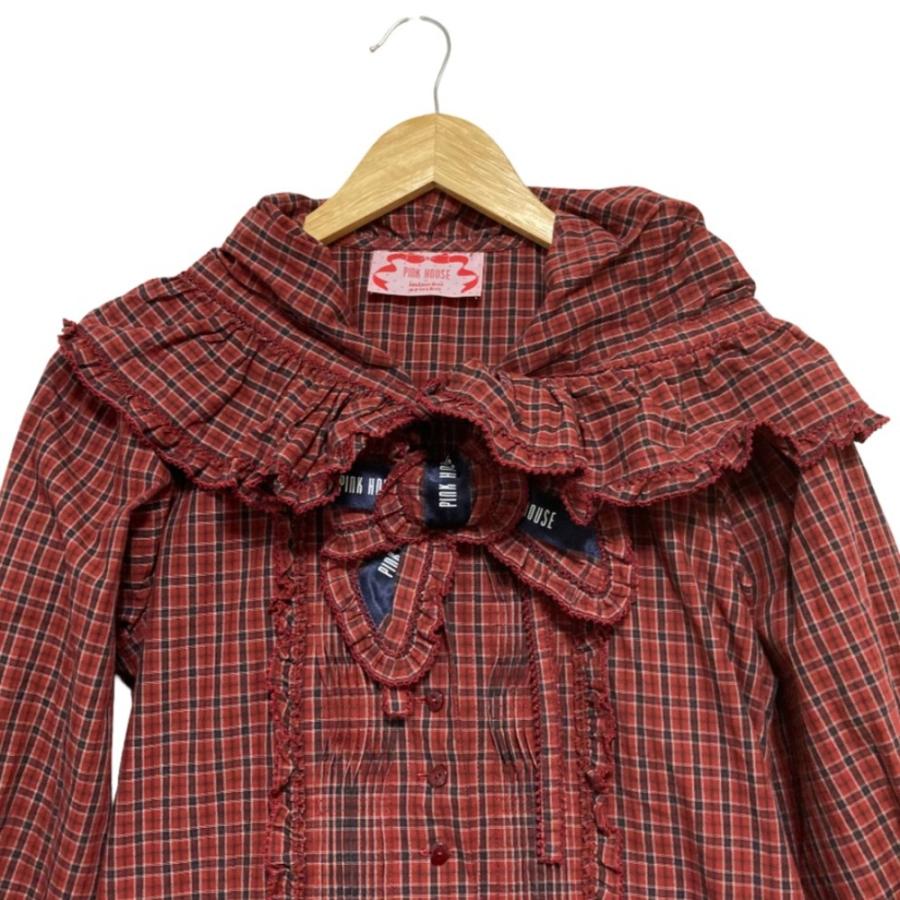 美品 PINK HOUSE ピンクハウス misako&erinko リボンブローチ付 タータンチェックフードワンピース A2113FA903 ワインレッド ネイビー レディース 古着 中古の画像