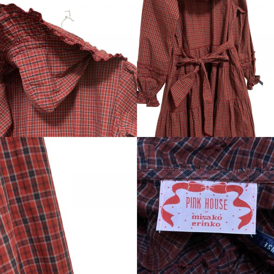 美品 PINK HOUSE ピンクハウス misako&erinko リボンブローチ付 タータンチェックフードワンピース A2113FA903 ワインレッド ネイビー レディース 古着 中古の画像
