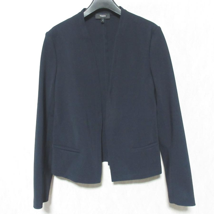 美品 Theory セオリー SETTLE ストレッチ ノーカラージャケット パンツ スーツ セットアップ 01-0104118/01-9306458 サイズ2 ネイビー レディース 古着 中古_1