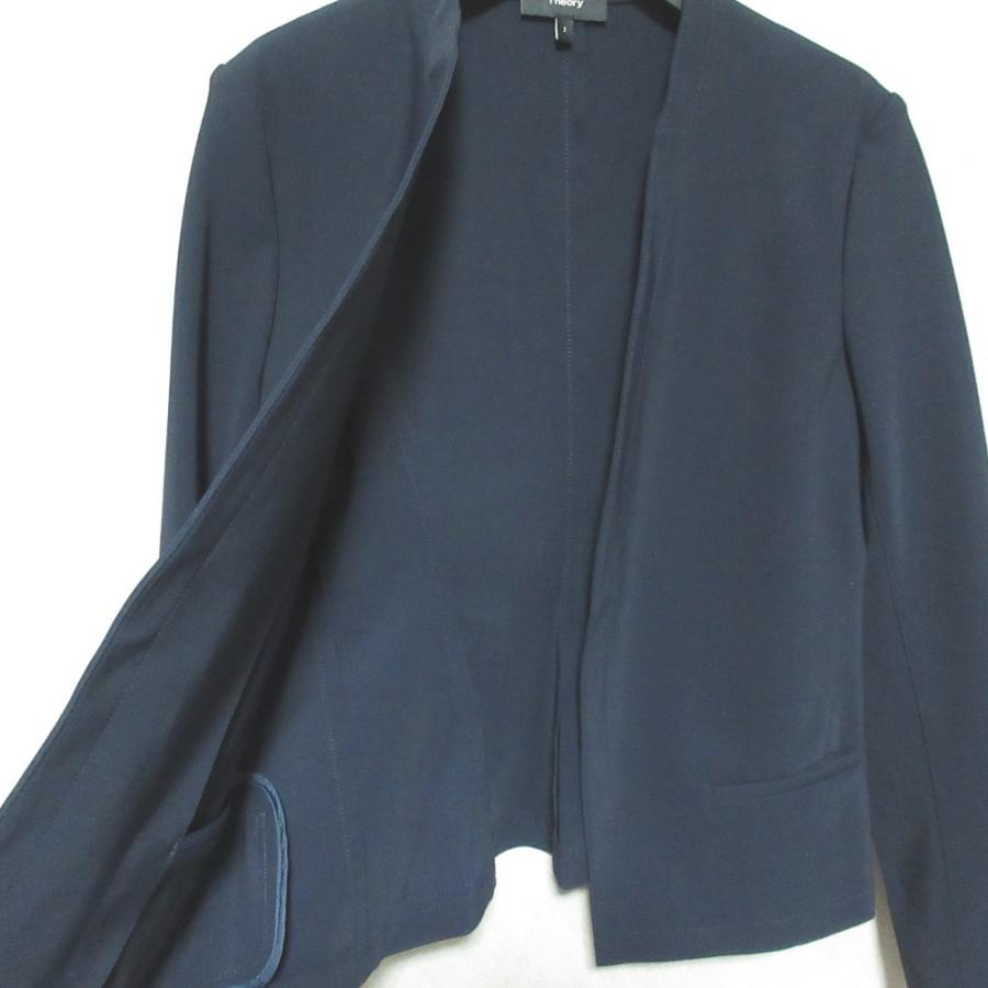 美品 Theory セオリー SETTLE ストレッチ ノーカラージャケット パンツ スーツ セットアップ 01-0104118/01-9306458 サイズ2 ネイビー レディース 古着 中古_3