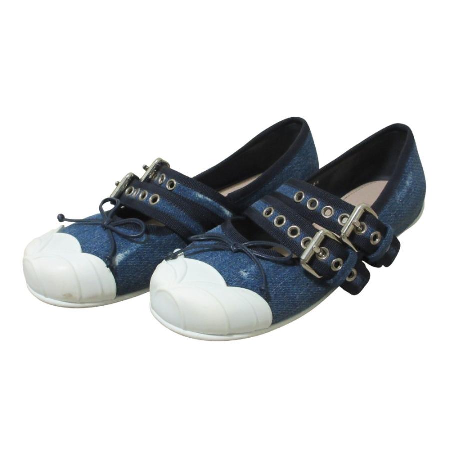 良品 MIU MIU ミュウミュウ ダメージ加工 メリージェーン デニムバレエシューズ フラットパンプス 36.5 約23.5cm インディゴブルー レディース 古着 中古 USED miu miu（ミュウミュウ） 良品 ダメージ加工 メリージェーン デニム