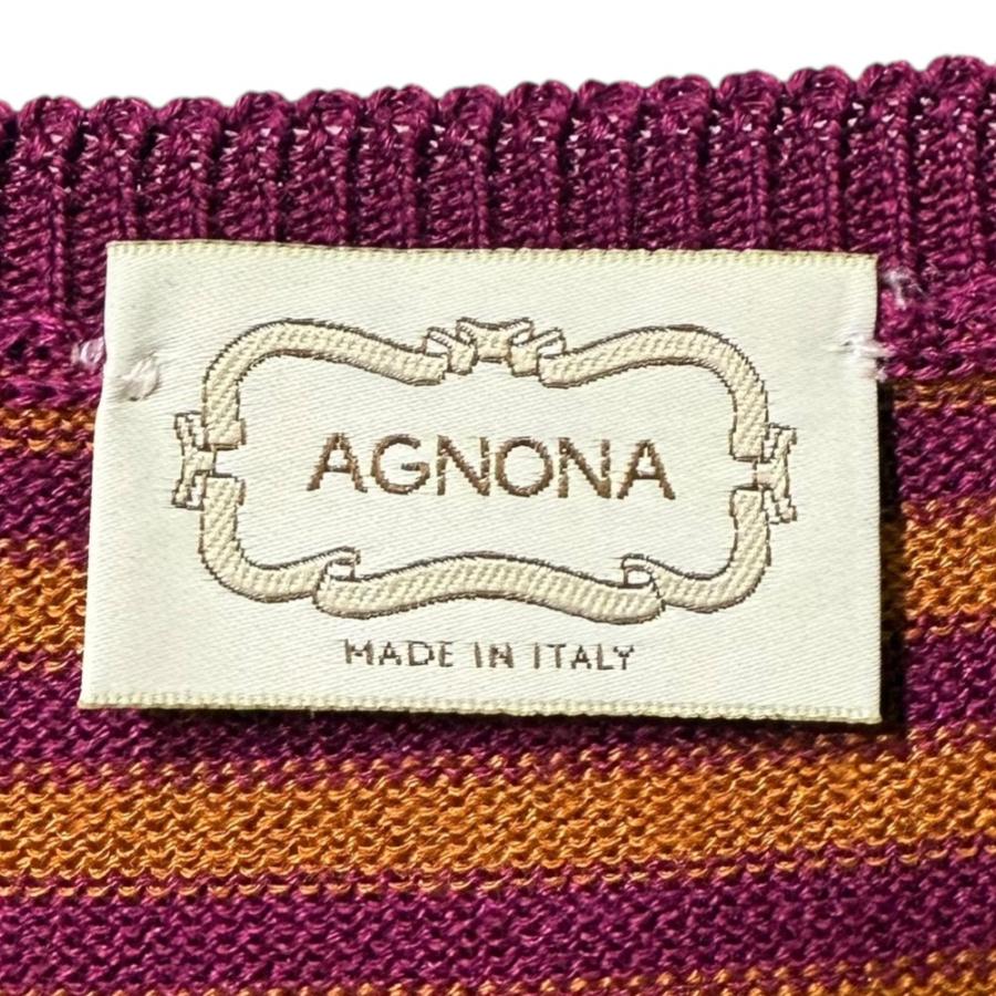 美品 AGNONA アニオナ シルクブレンド ボーダー柄 カーディガン＋ノースリーブセーター アンサンブルニット 44 パープル×ブラウン レディース 古着 中古 USED Agnona - 美品 AGNONA アニオナ シルクブレンド ボーダー柄