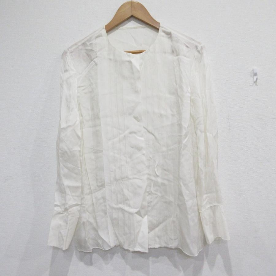 LANVIN COLLECTION - 美品 LANVIN COLLECTION ランバンコレクション 長袖 比翼仕立て シアー ノーカラーブラウス シャツ 40 ホワイト レディース 古着 中古 USED LANVIN COLLECTION 美品 ランバンコレクション 長袖 比翼仕立て