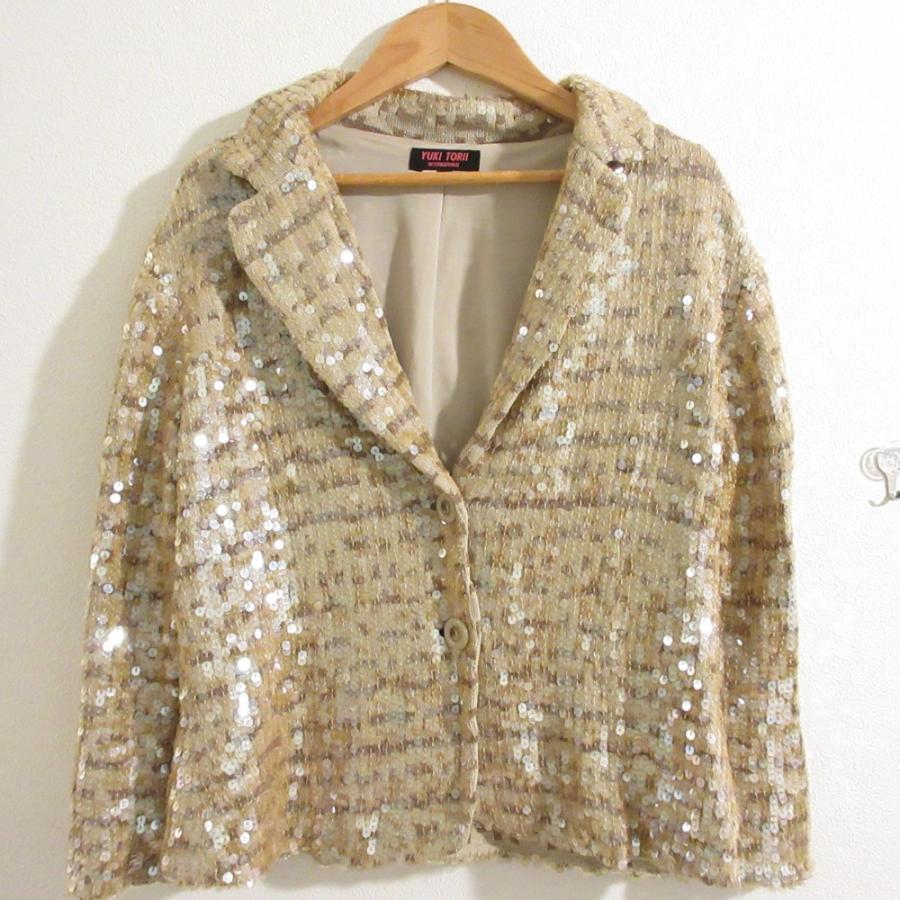 美品 YUKI TORII ユキトリイ スパンコール シングル ニットジャケット 40 ベージュ×ブラウン レディース 古着 中古 USED YUKI TORII 美品 ユキトリイ スパンコール シングル ニット