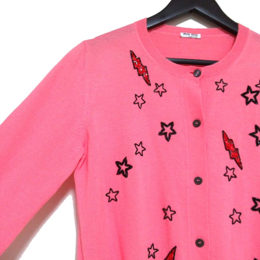 MIU MIU - 美品 miumiu ミュウミュウ ビーズ装飾 エンブロイダリー バージンウール 長袖 ニット カーディガン 42サイズ ピンク レディース 古着 中古 USED miu miu（ミュウミュウ） 美品 ビーズ装飾 エンブロイダリー バージン