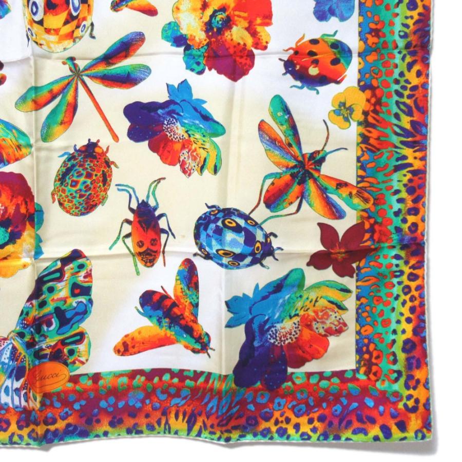 美品 GUCCI シルクスカーフ 多種多様の花と虫 フローラ イタリア製 大判 GUCCI（グッチ） 美品 シルク100% 昆虫柄 総柄 大判 スカーフ マルチ