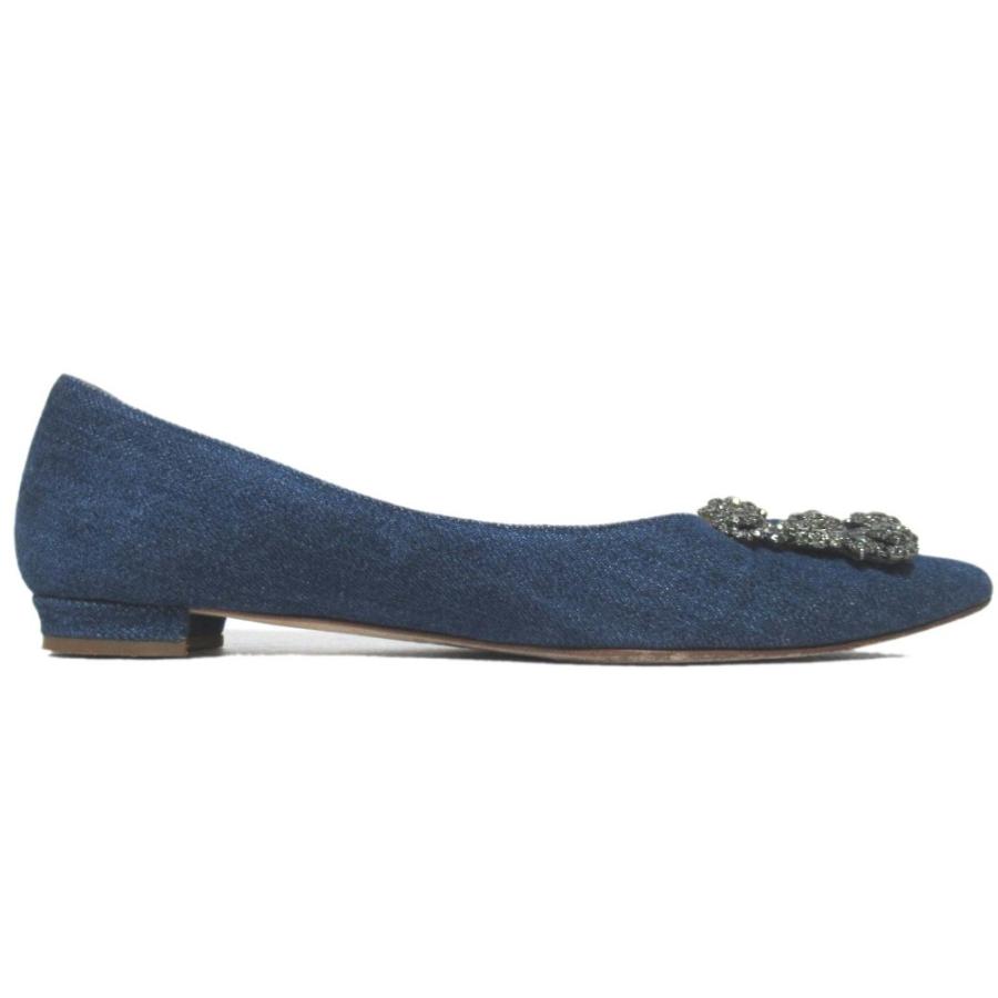 マノロブラニク ハンギシ デニム ビジュー フラットシューズ ブルー MANOLO BLAHNIK（マノロブラニク） 美品 ハンギシ デニム フラット