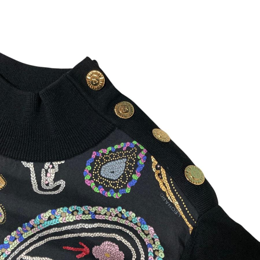 美品 LEONARD FASHION レオナールファッション ビジュー柄 シルクツイル ニットカットソー ブラウス M ブラック レディース 古着 中古 USED LEONARD FASHION 美品 レオナールファッション ビジュー柄 シルク