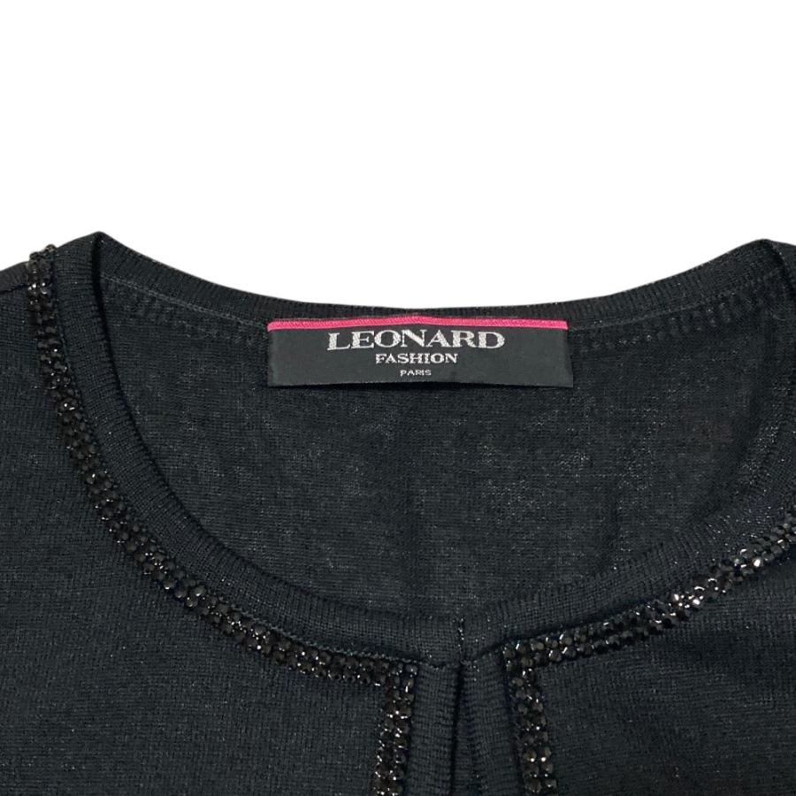 美品 LEONARD FASHION レオナールファッション フラワートリム ラインストーン ニットカーディガン L ブラック レディース 古着 中古 USED LEONARD FASHION 美品 レオナールファッション フラワートリム ライン
