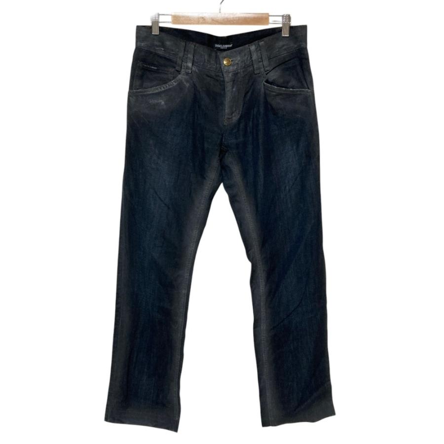 ドルチェ＆ガッバーナ 14CLASSIC本革ロゴプレートデニムパンツブラック52 DOLCE&GABBANA（ドルチェ & ガッバーナ） 美品 14classic ロゴプレート