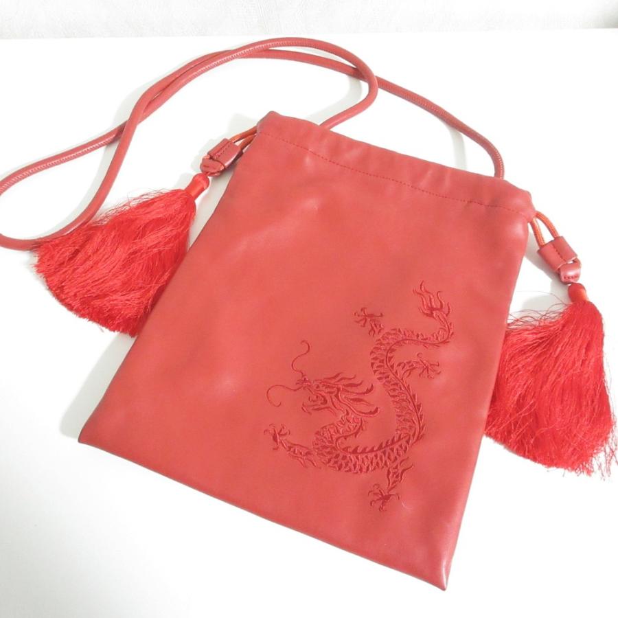 美品 VIVIENNE TAM ヴィヴィアンタム ドラゴン刺繍 巾着 ショルダーバッグ レッド レディース 古着 中古 USED VIVIENNE TAM（ヴィヴィアンタム） 美品 ドラゴン刺繍 巾着 ショルダー