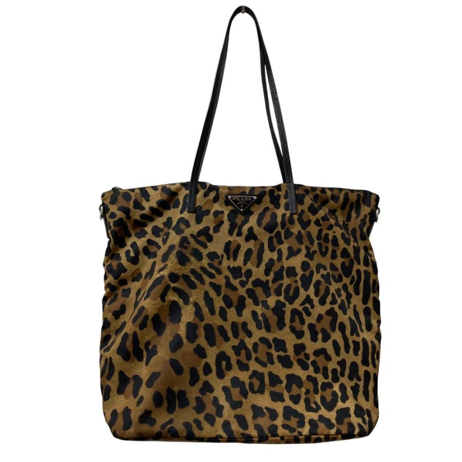 PRADA（プラダ） 美品 レオパード柄 トートバッグ ベージュ×ブラック 