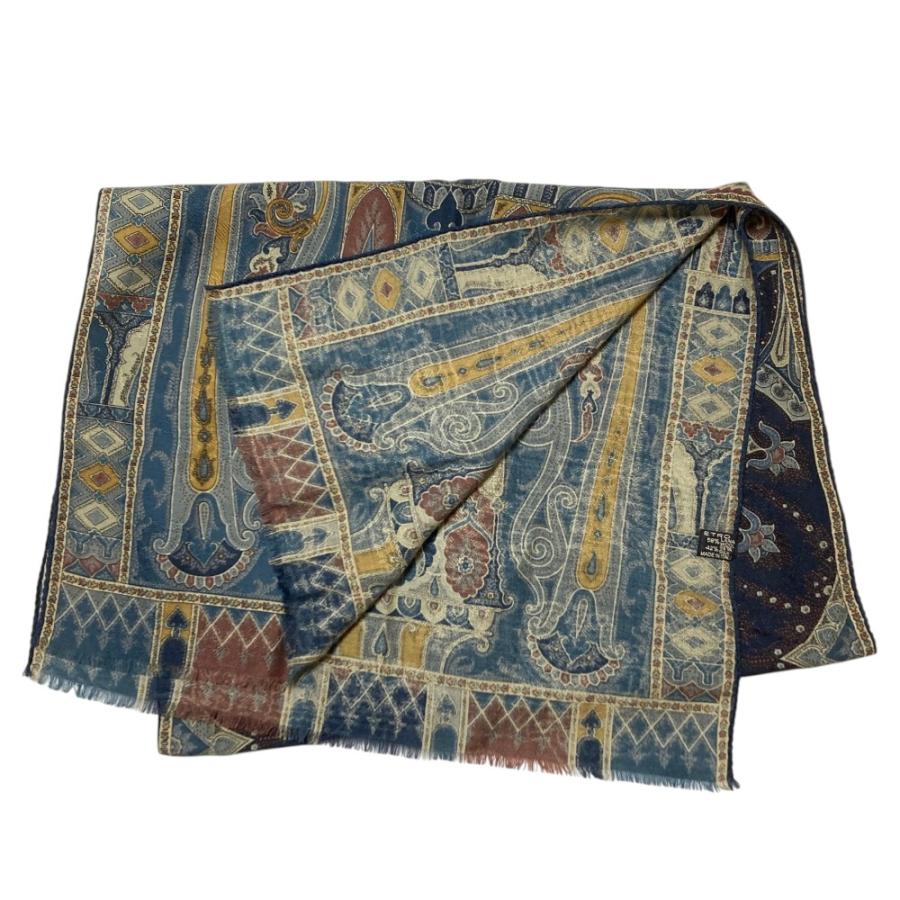 未使用に近いエトロ大判シルクウール ETRO（エトロ） 美品 ウール シルク ペイズリー柄 ストール ブルー