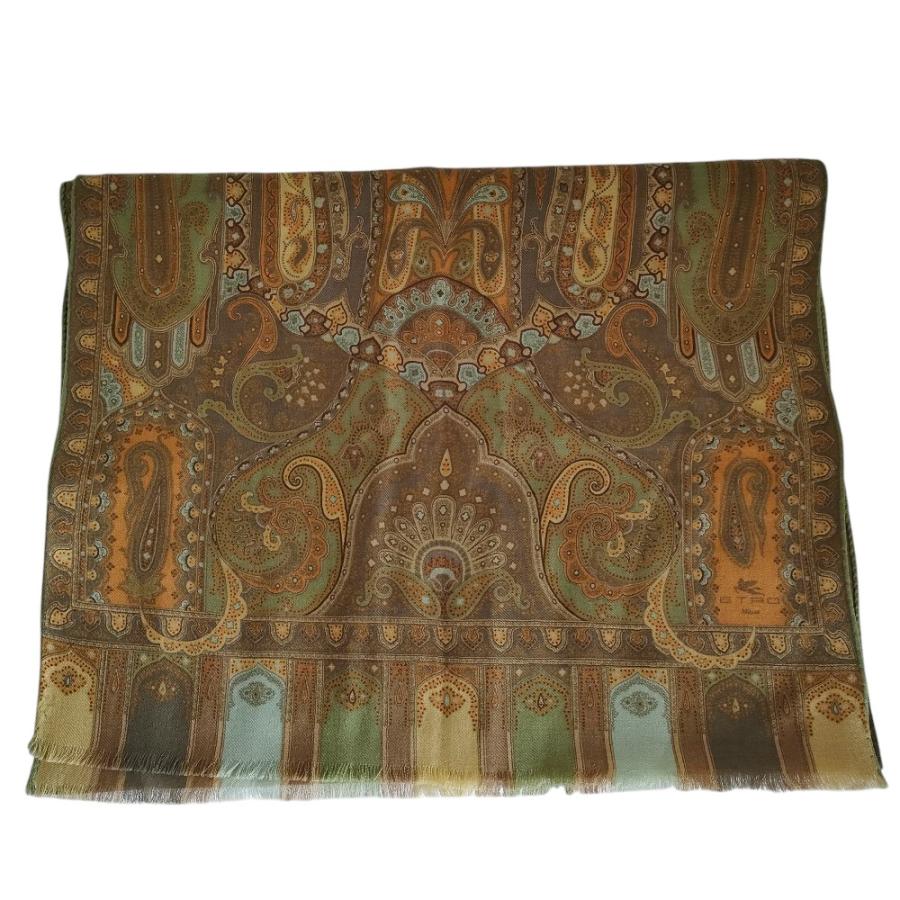 エトロ ETRO マフラー ストール ペイズリー柄 フリンジ ウール ブラウン ETRO（エトロ） 新品同様 ウール シルク ペイズリー柄 フリンジ