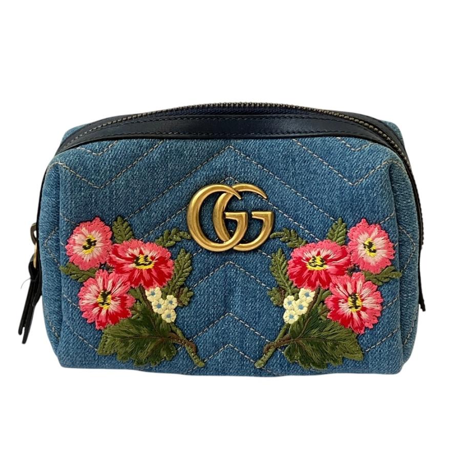 GUCCI（グッチ） 美品 GGマーモント デニム 化粧ポーチ 476165 ブルー