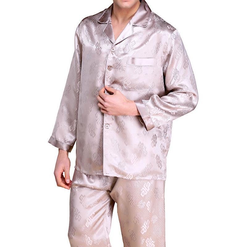 【限定製作】 19匁シルク100%メンズパジャマ 長袖 焔花文柄 茶色 パジャマ