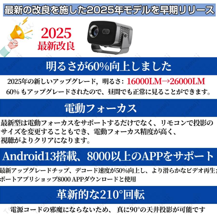 プロジェクター 小型 天井投影 270度回転 Android TV13 軽量 本体 家庭