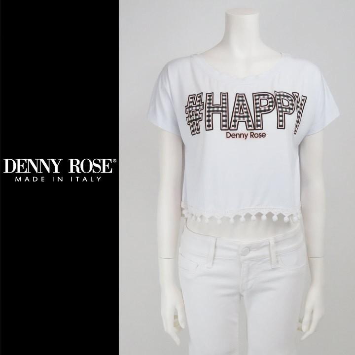 デニーローズ DENNY ROSE カットソー レディース 英字 チェック ラバープリント 裾フリンジ 半袖 ショート丈 Tシャツ｜kiiroya-import