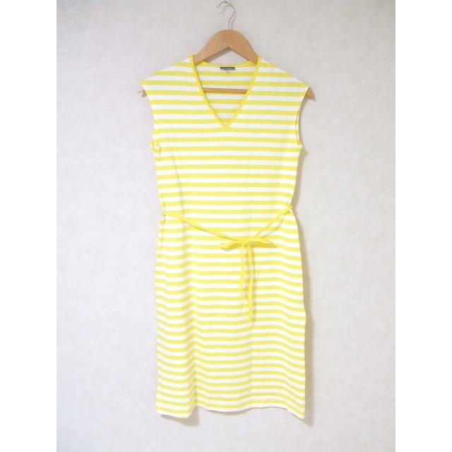 Marimekko ノースリーブ ボーダー リボンベルト付き ワンピース サイズs イエロー ホワイト レディース マリメッコ 中古 2 0419s 最安値挑戦
