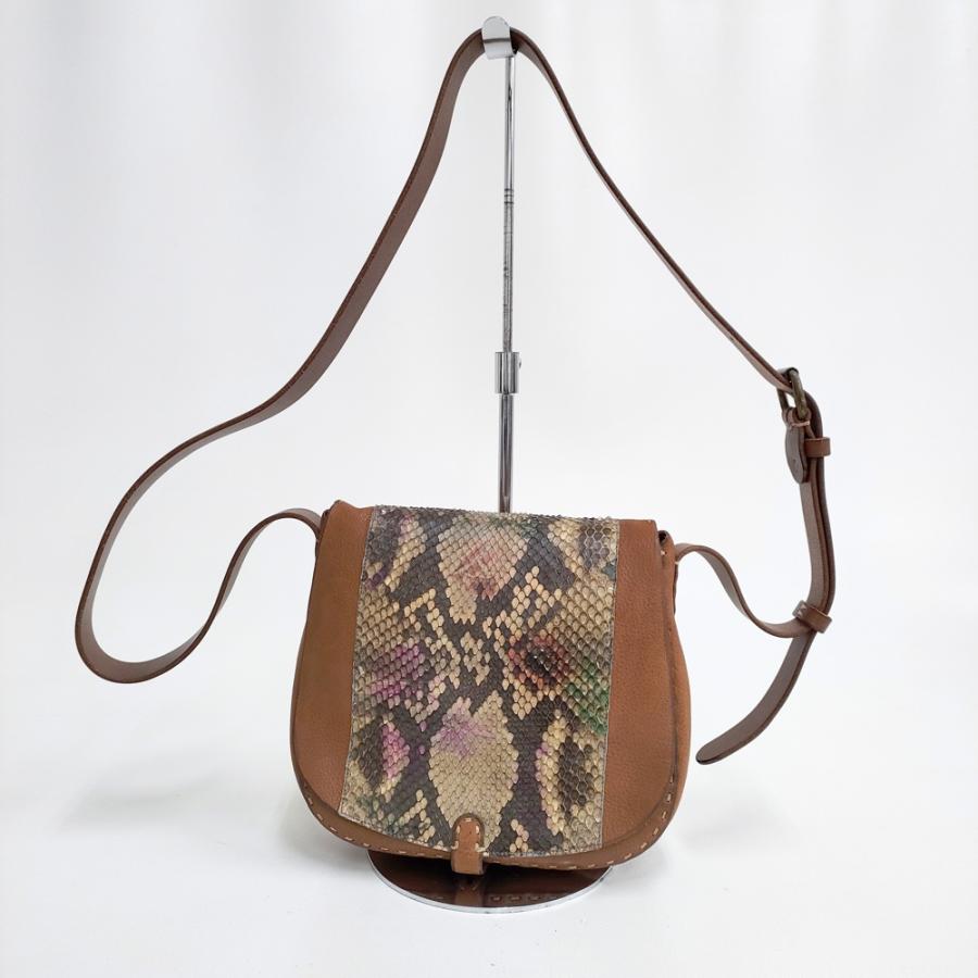 HENRY CUIR 蛇 パイソン ウロコ 鱗 レザー 花柄  ショルダーバッグ ブラウン  レディース アンリークイール【中古】4-1205G◆ HENRY CUIR 蛇 パイソン ウロコ 鱗 レザー 花柄 ショルダーバッグ