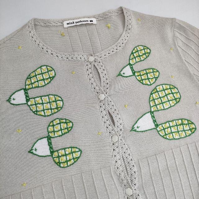 mina perhonen / ミナペルホネン | Rovaniemi Wool×cotton Knit Cardigan ニット カーディガン | グリーン/ホワイト | レディース mina perhonen / ミナペルホネン | Rovaniemi Wool×cotton Knit