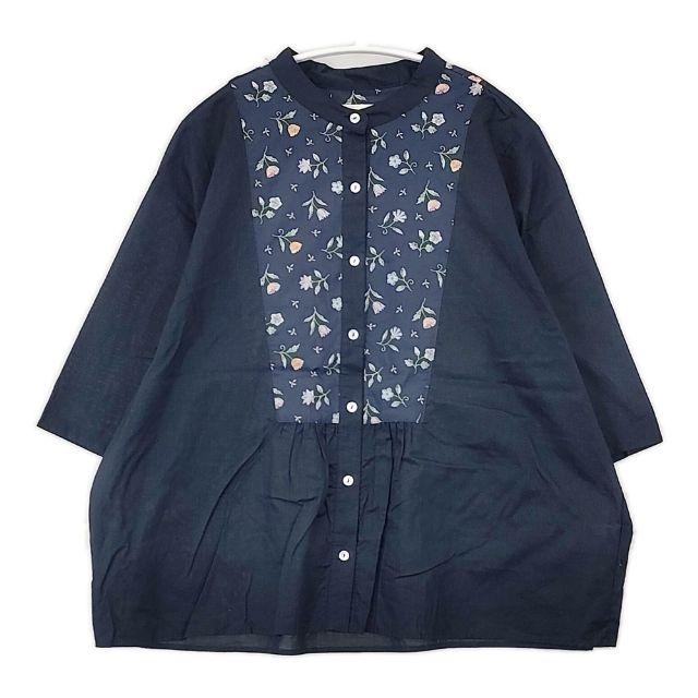 sosotto 花柄 ヨーク切替バンドカラー ブラウス シャツ ネイビー 