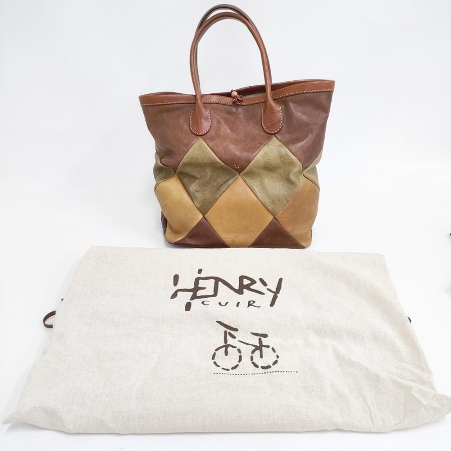 HENRY CUIR 革 レザー 犬 刺繍 パッチワーク A4サイズ トートバッグ 